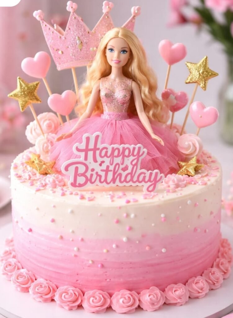 Pink and white Barbie cake