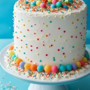 White cake with colourfull balls