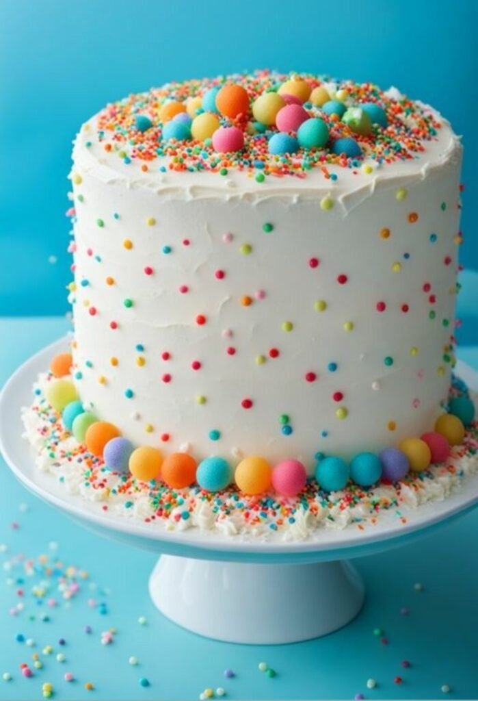 White cake with colourfull balls