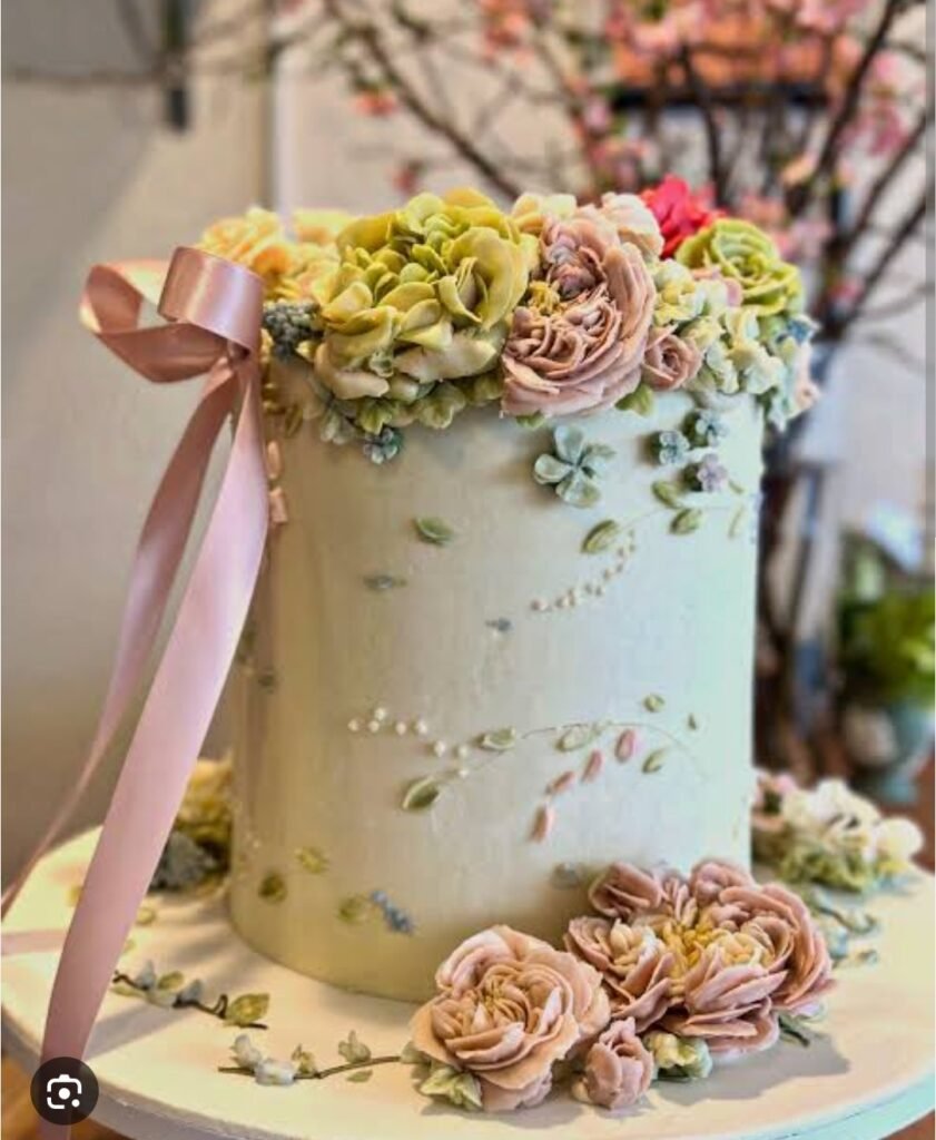 White cake with flowers and pink bow