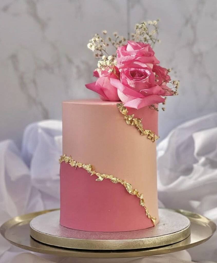 Pink theme tall cake with pink flower