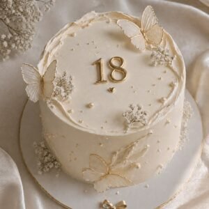 White cake with white butterflies and pearls