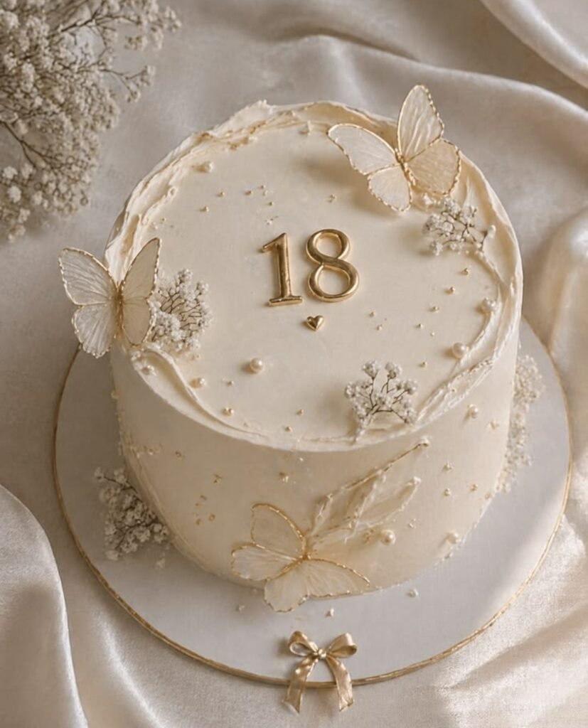 White cake with white butterflies and pearls