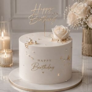 White cake with white flower and pearls