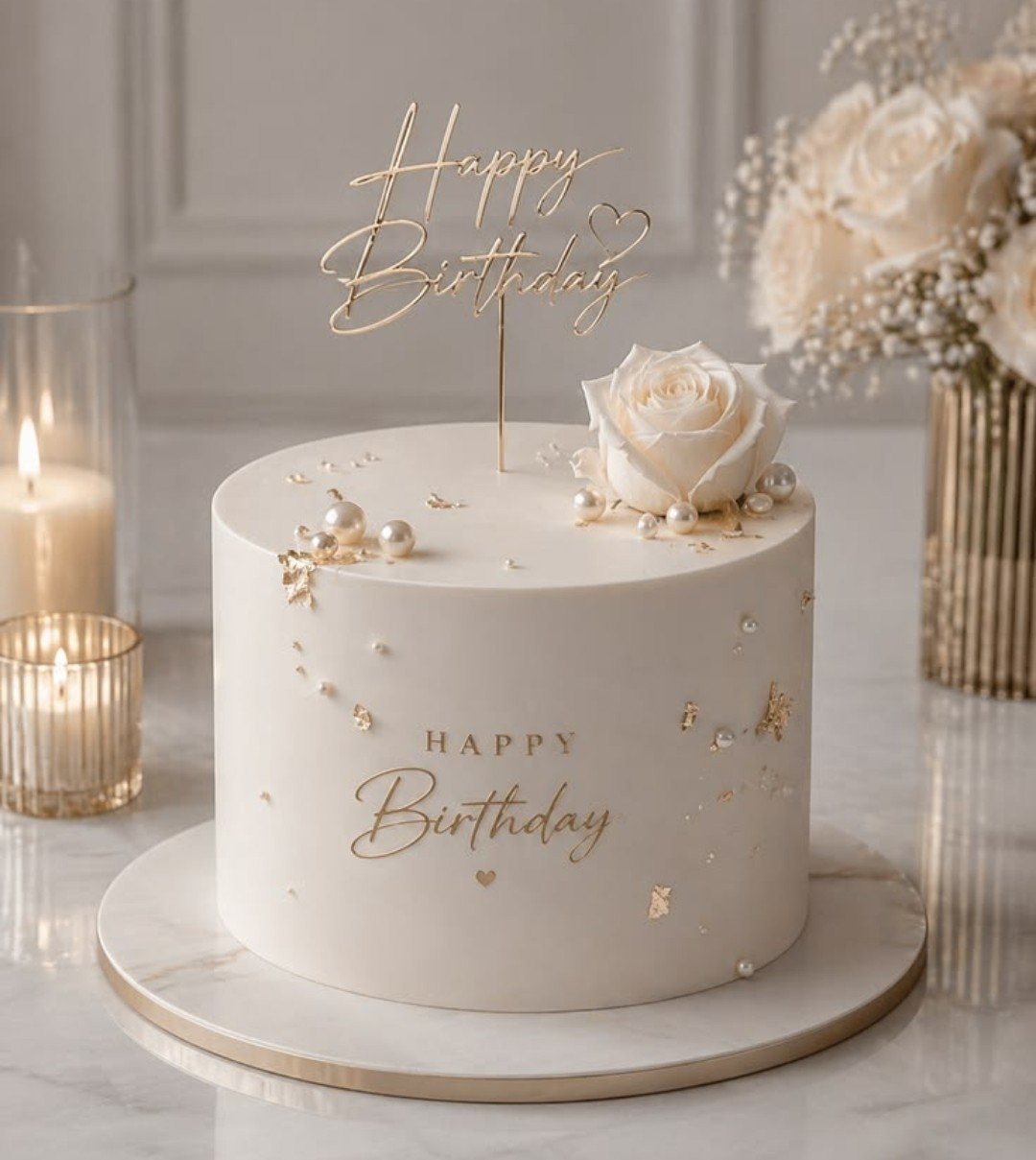 White cake with white flower and pearls