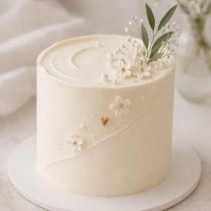 White cake with peals and leaves