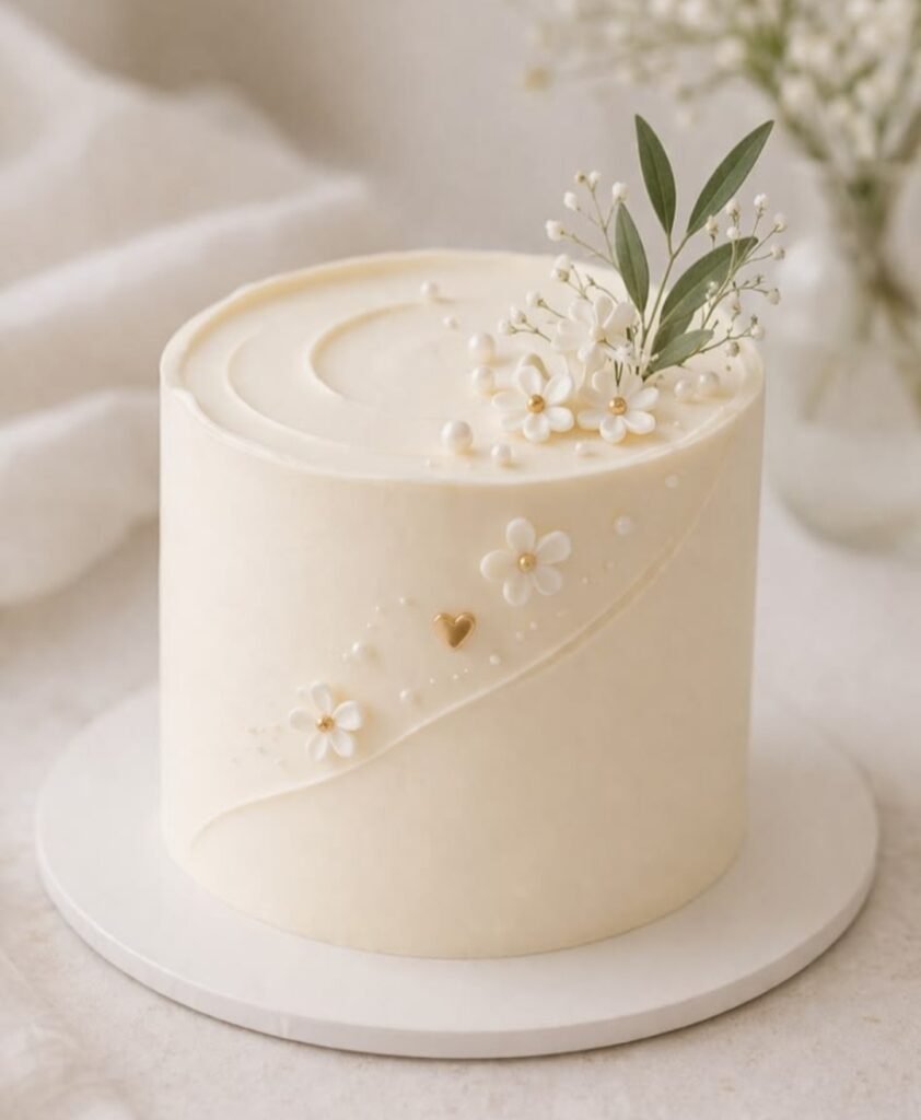 White cake with peals and leaves