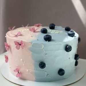Gender reveal cake with butterfly and blueberry
