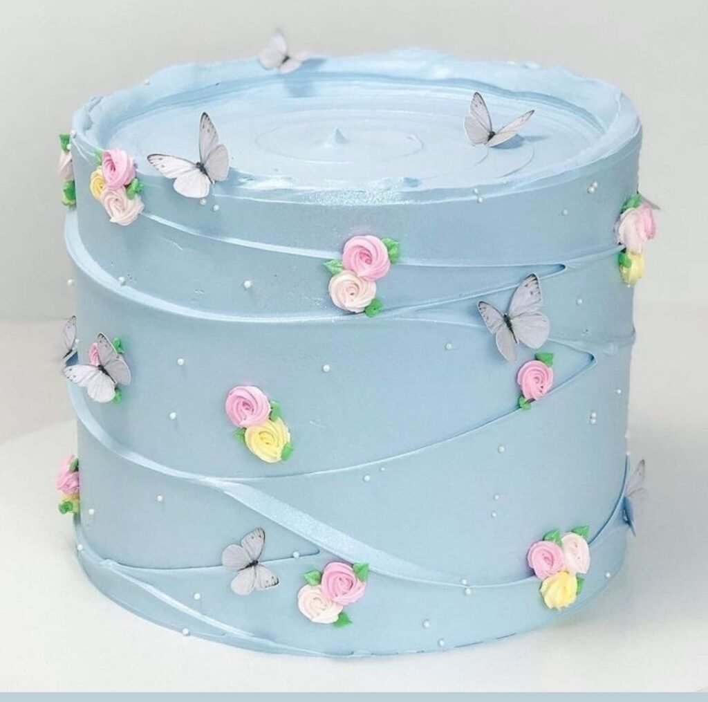 Decent butterfly light blue cake with irregular circumference lines