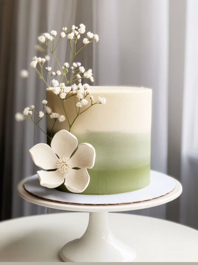 Three color cake with flower and baby breath