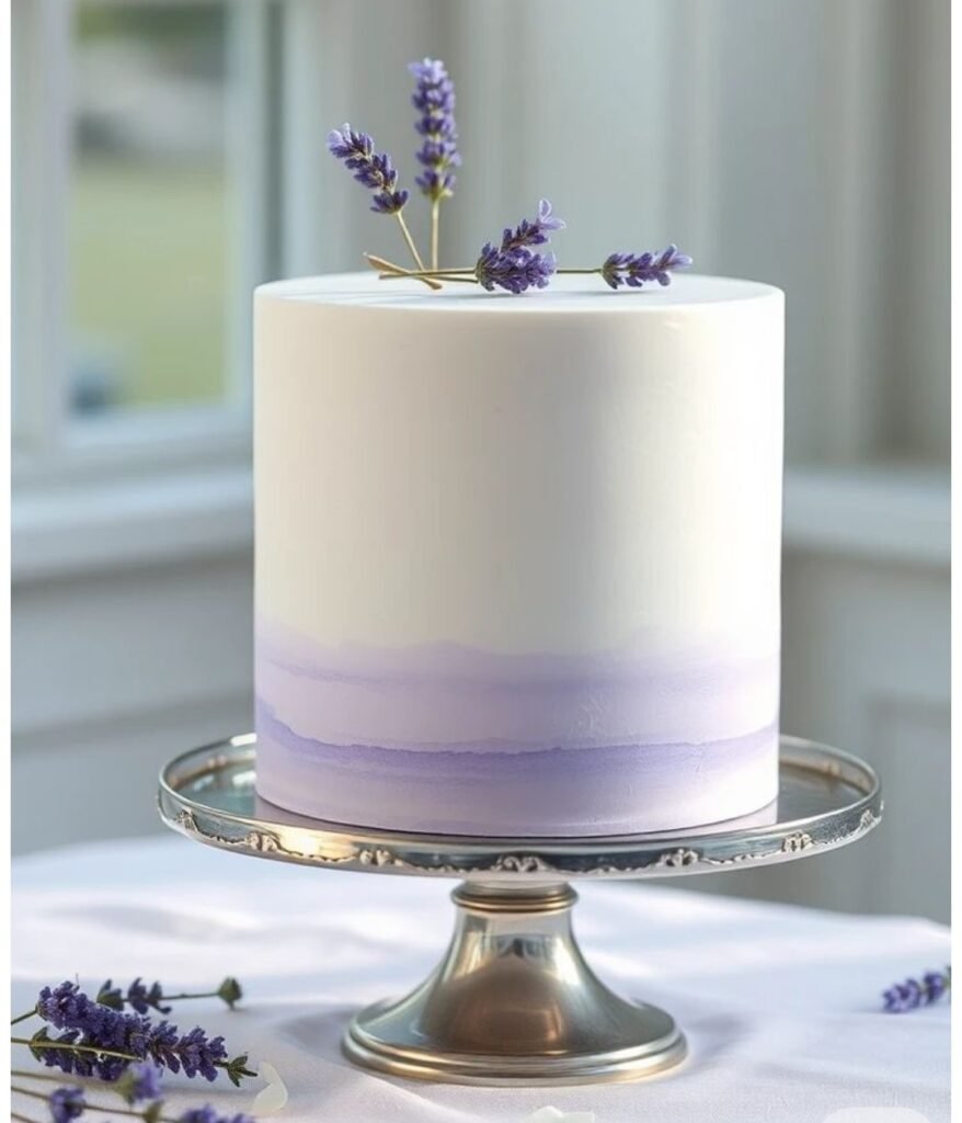 Simple white cake with purple bottom and purple flowers