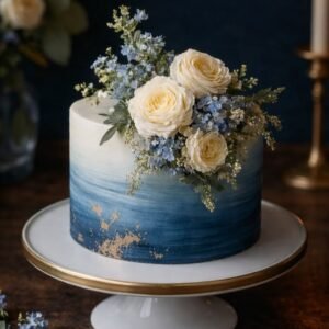 Dark blue and white themed cake with flower