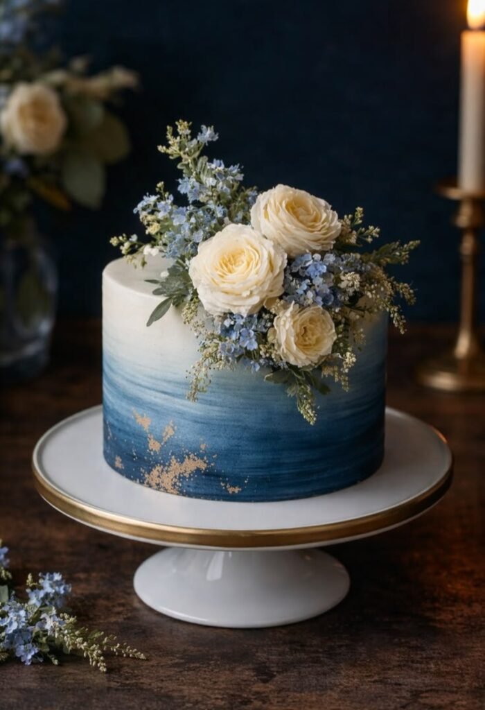 Dark blue and white themed cake with flower