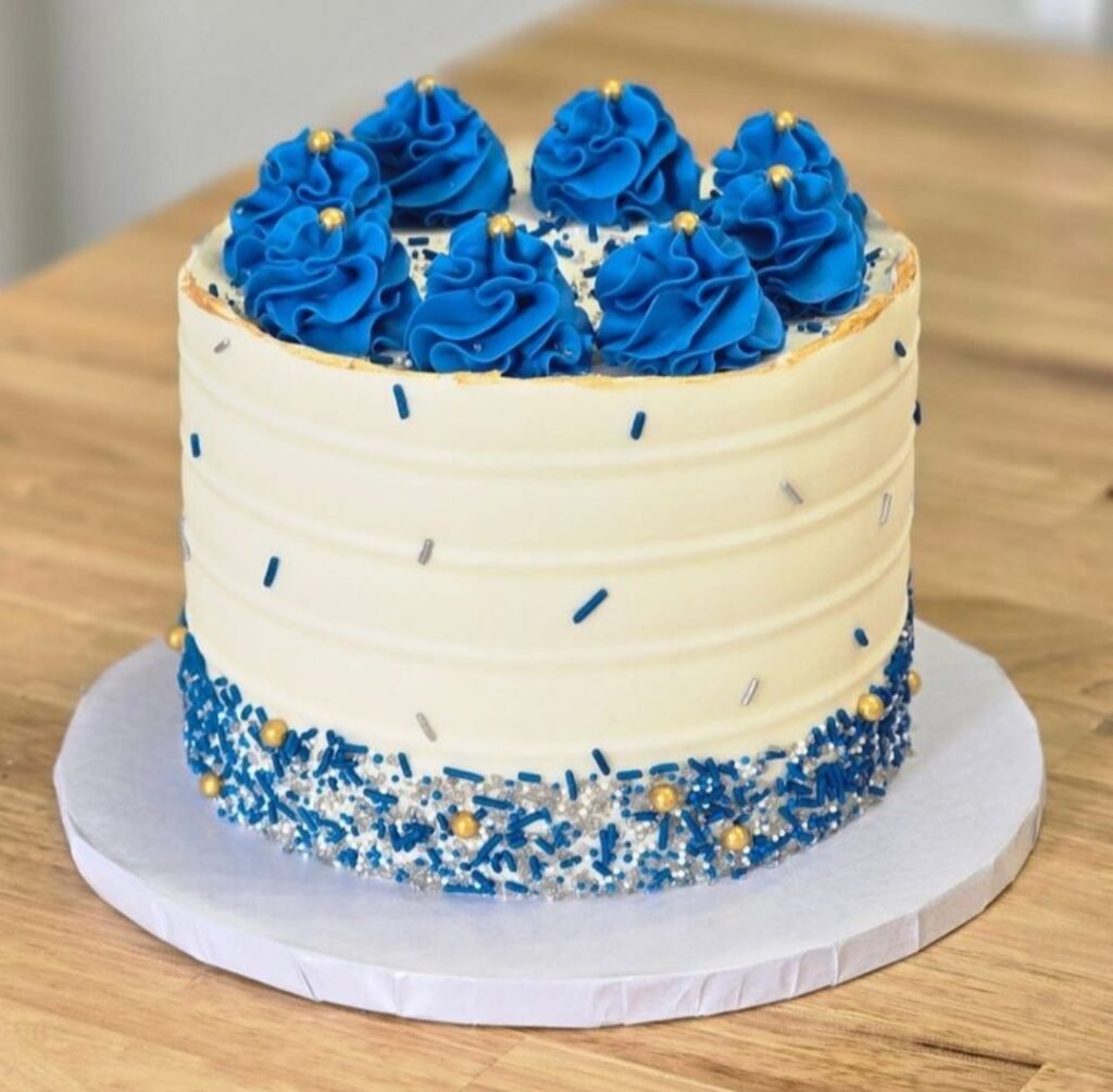 Blue and white sprinkle cake