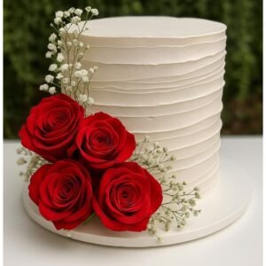 White cake with baby breath and red roses