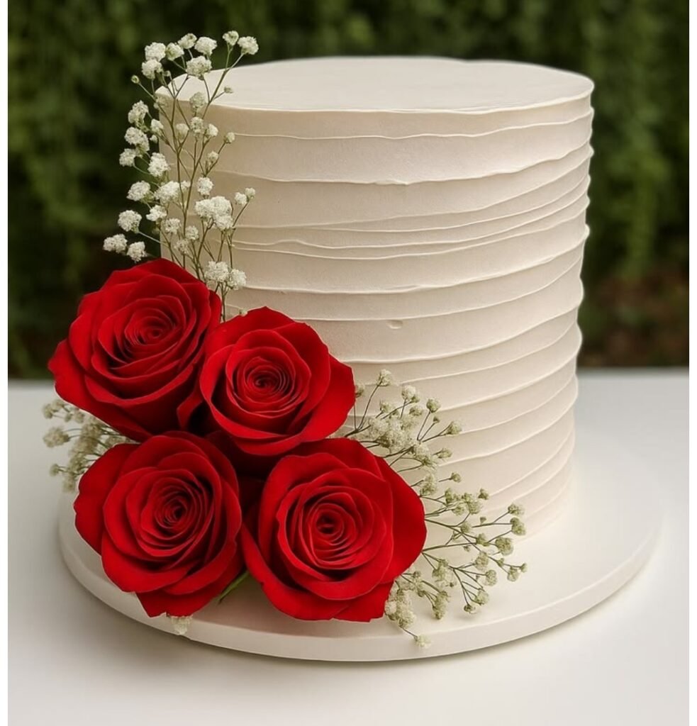 White cake with baby breath and red roses