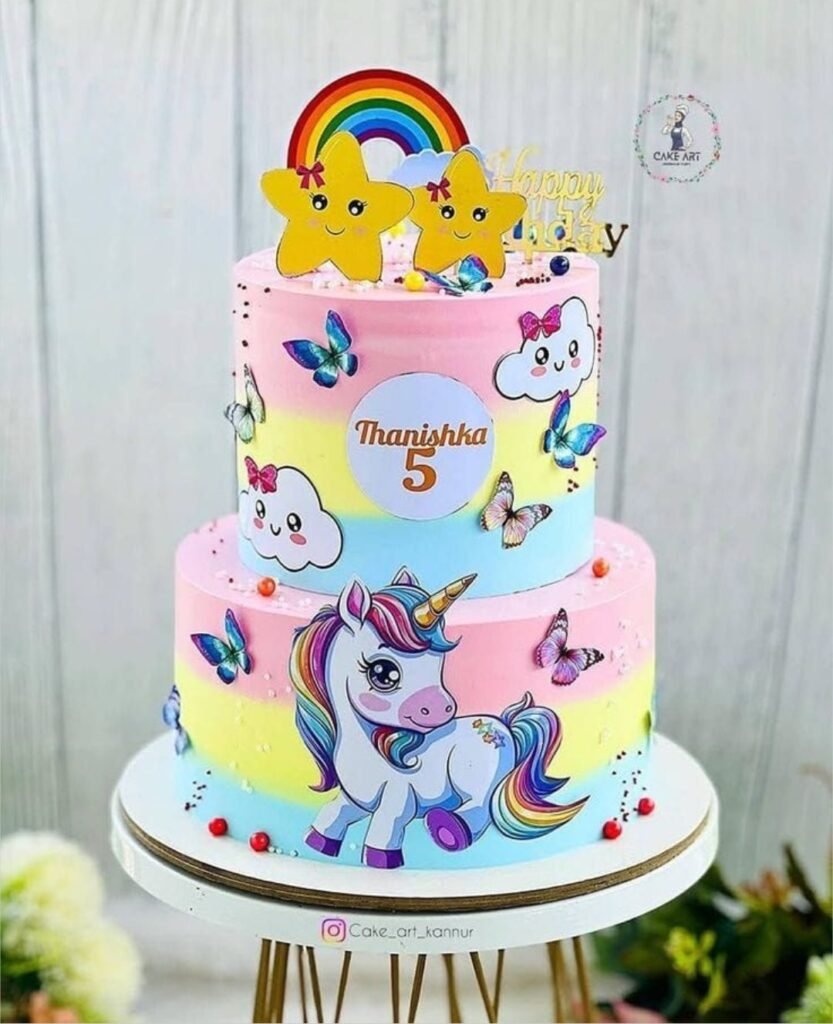 Rainbow unicon theme multitier cake
