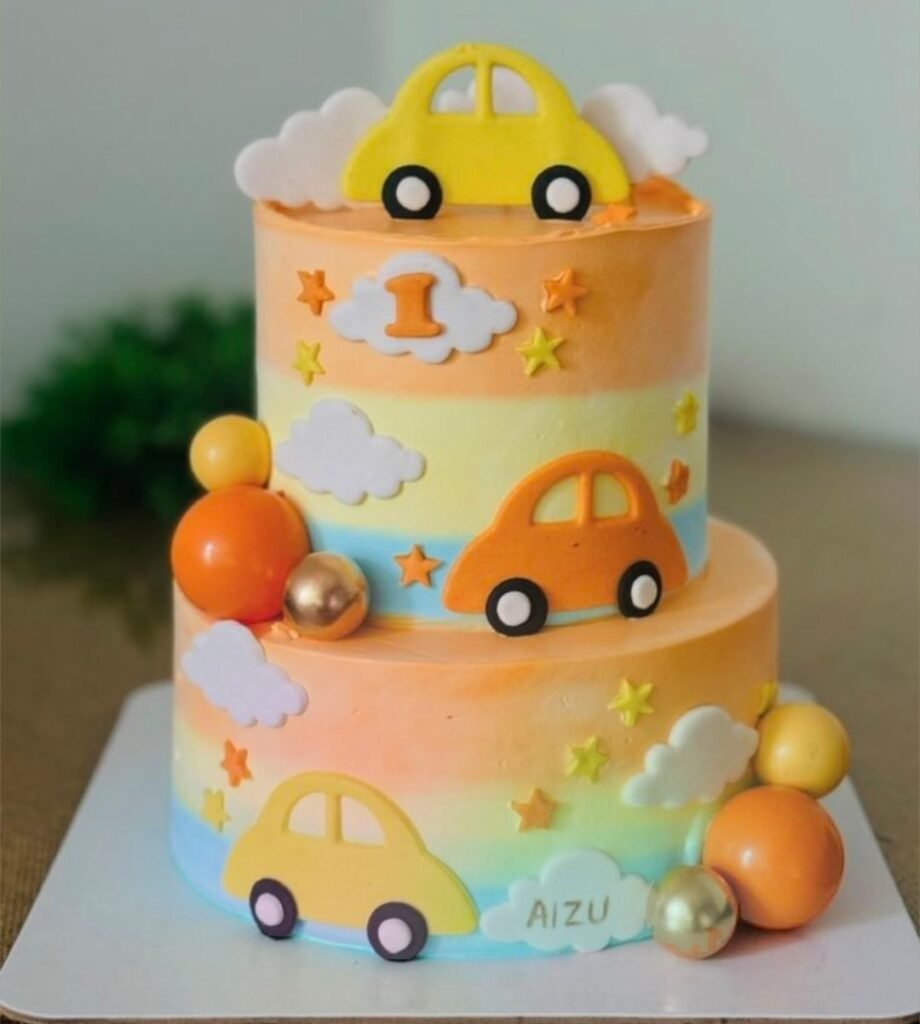 Rainbow multicolor car theme cake for kids