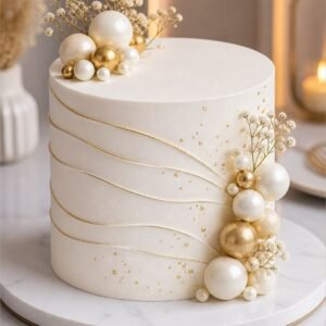 Elegent white cake with golden diagonal threads