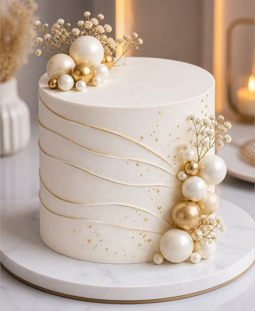 Elegent white cake with golden diagonal threads
