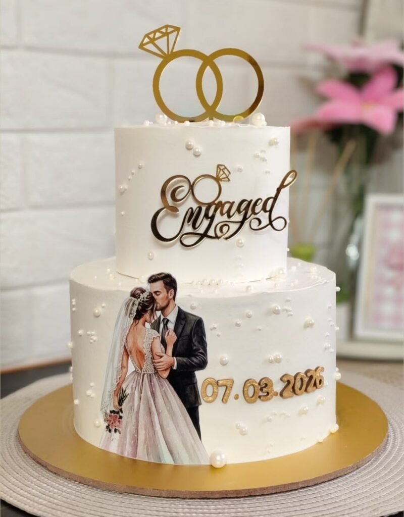Two tier white engagement cake