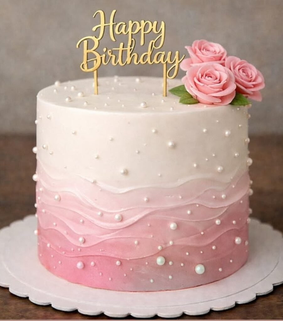 Pink and white cake with pink roses
