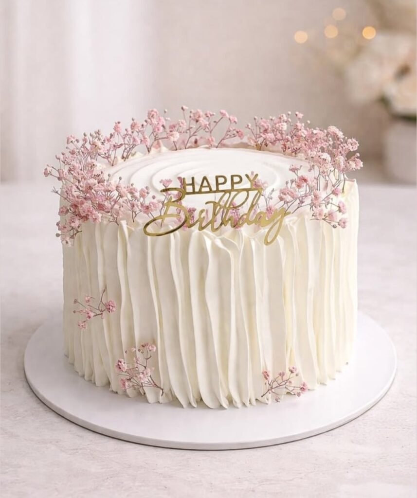 Beautiful edged white cake with baby breath